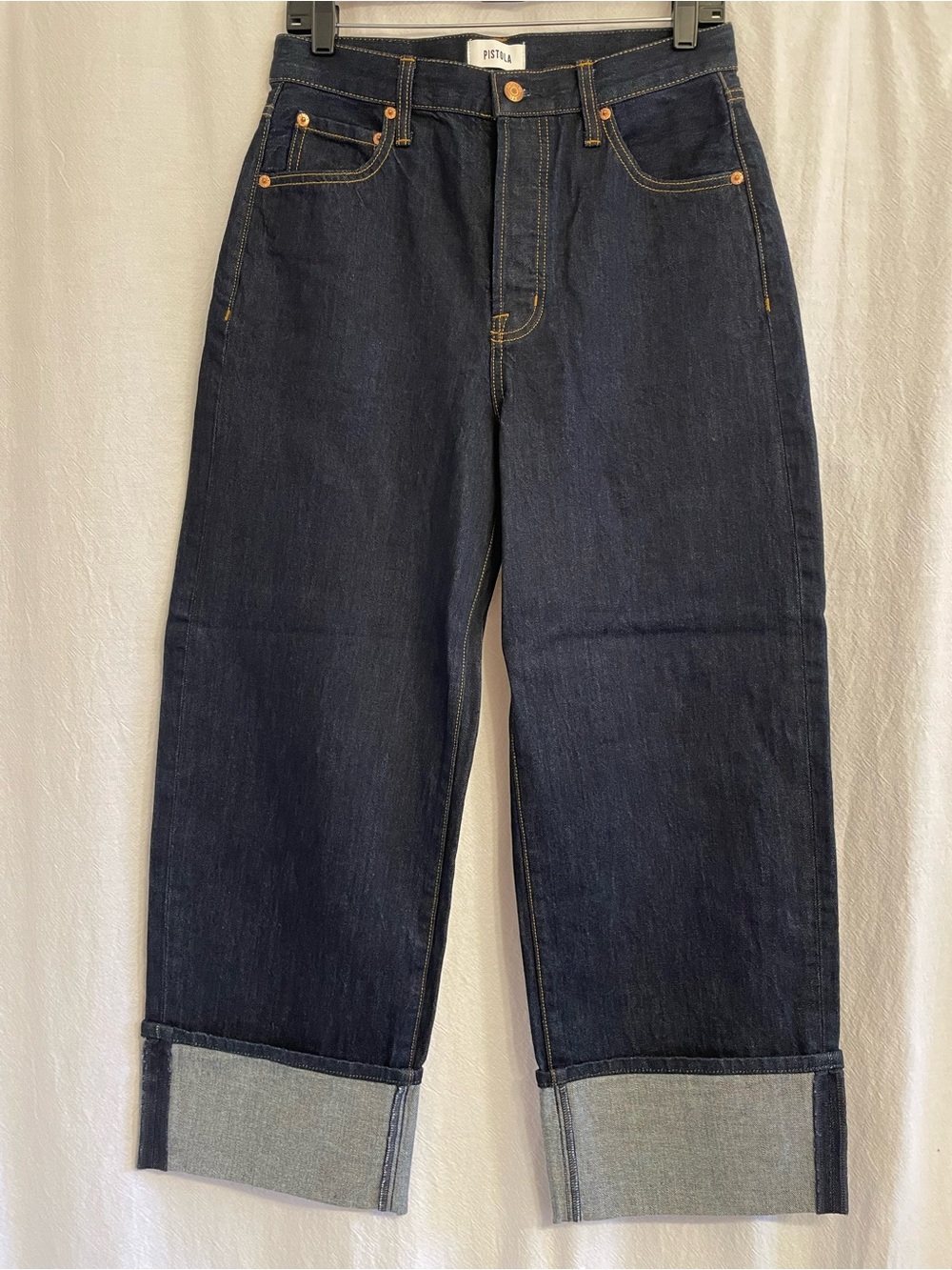 Pistola Dark Wash Ryder High Rise Cuffed Straight Jeans, size 27